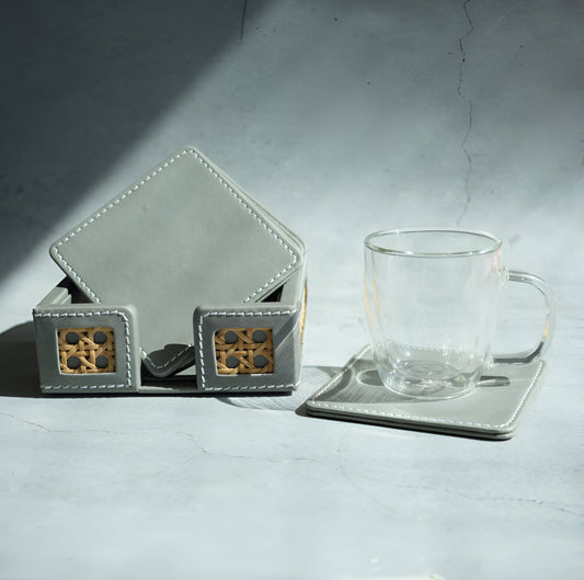 Stone Gray PU Leather & Rattan Coasters - Set of 6