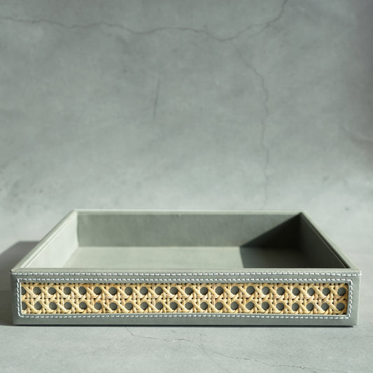 Stone Gray PU Leather & Rattan Serving Tray - Medium