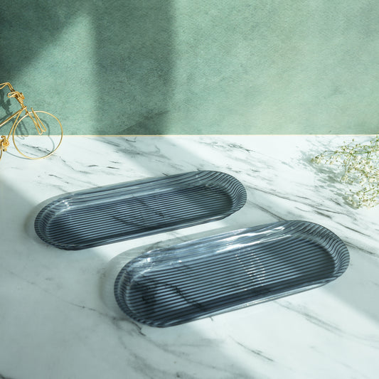 Aqua Ribbed Acrylic Oblong Serving Tray- Pack of 2