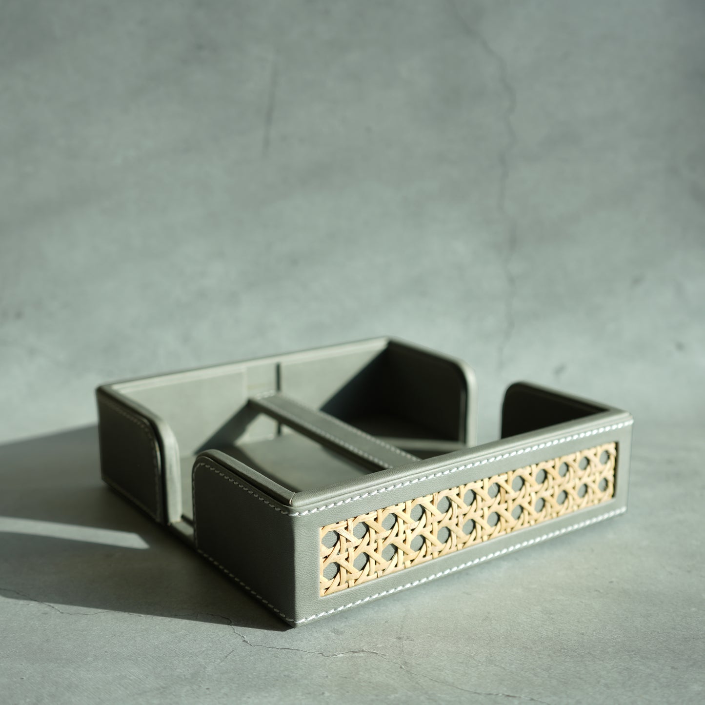 Stone Gray PU Leather & Rattan Tissue Holder with Weighted Bar