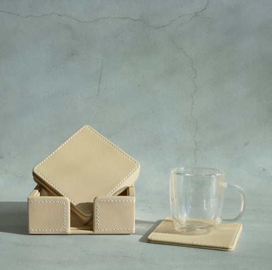 Sand Beige PU Leather Coasters - Set of 6