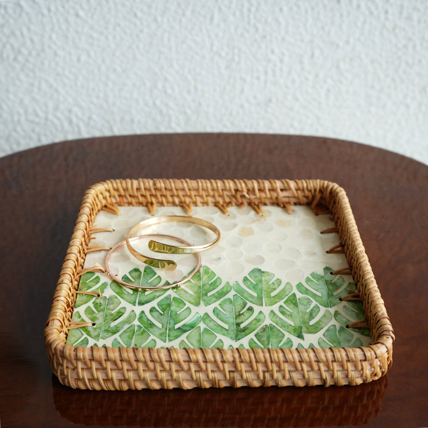 Small Square Mother-of-Pearl & Cane Serving Tray - Botanic