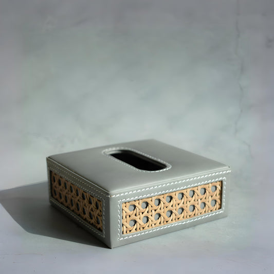Stone Gray PU Leather & Rattan Tissue Box - Square