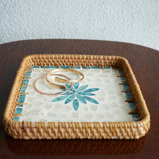 Small Square Mother-of-Pearl & Cane Serving Tray - Aqua