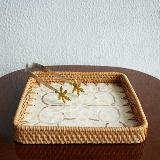Medium Square Mother-of-Pearl & Cane Serving Tray - Pearl White