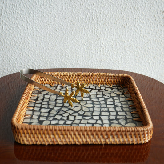 Medium Square Mother-of-Pearl & Cane Serving Tray - Noir