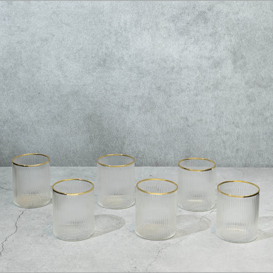 Short Clear Ribbed Cocktail Glass with Gold Rim- Set of 6
