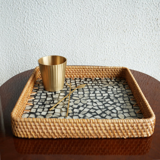 Large Square Mother-of-Pearl & Cane Serving Tray - Noir