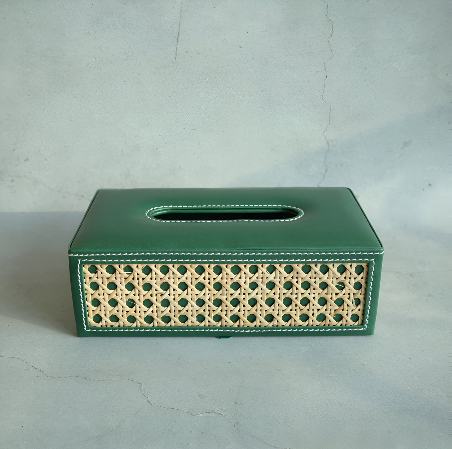 Emerald Green PU Leather & Rattan Tissue Box - Rectangle