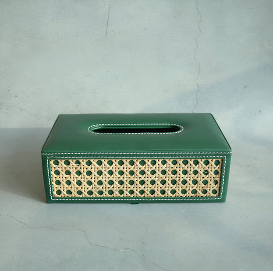 Emerald Green PU Leather & Rattan Tissue Box - Rectangle