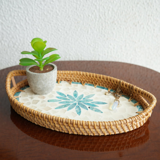Small Oval Mother-of-Pearl & Cane Serving Tray- Aqua