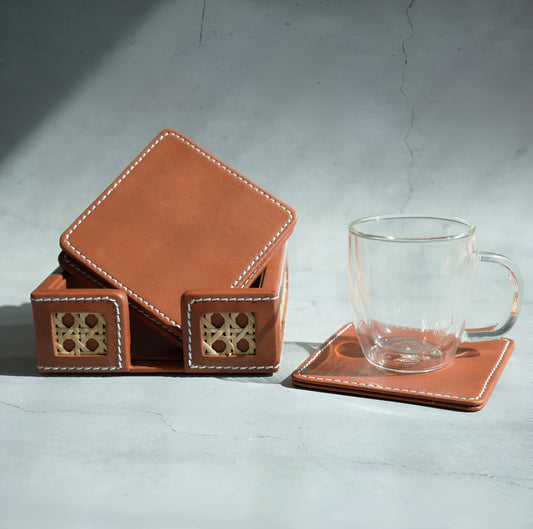 Tan Brown PU Leather & Rattan Coasters - Set of 6