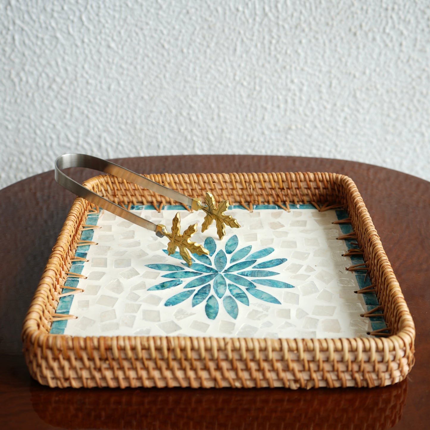 Medium Square Mother-of-Pearl & Cane Serving Tray - Aqua