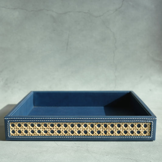 Steel Blue PU Leather & Rattan Serving Tray - Medium