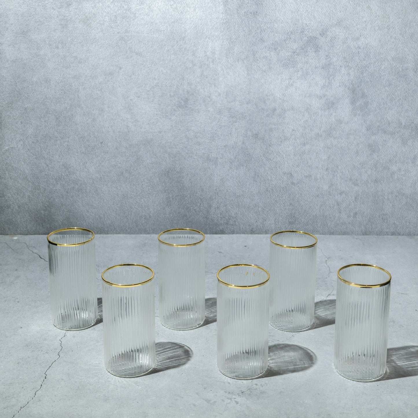 Tall Clear Ribbed Cocktail Glass with Gold Rim- Set of 6