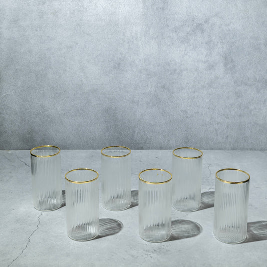 Tall Clear Ribbed Cocktail Glass with Gold Rim- Set of 6