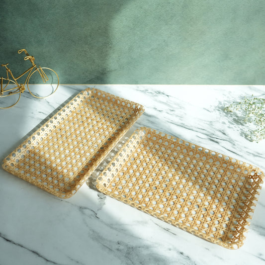 Rattan Ribbed Acrylic Serving Tray- Oblong set
