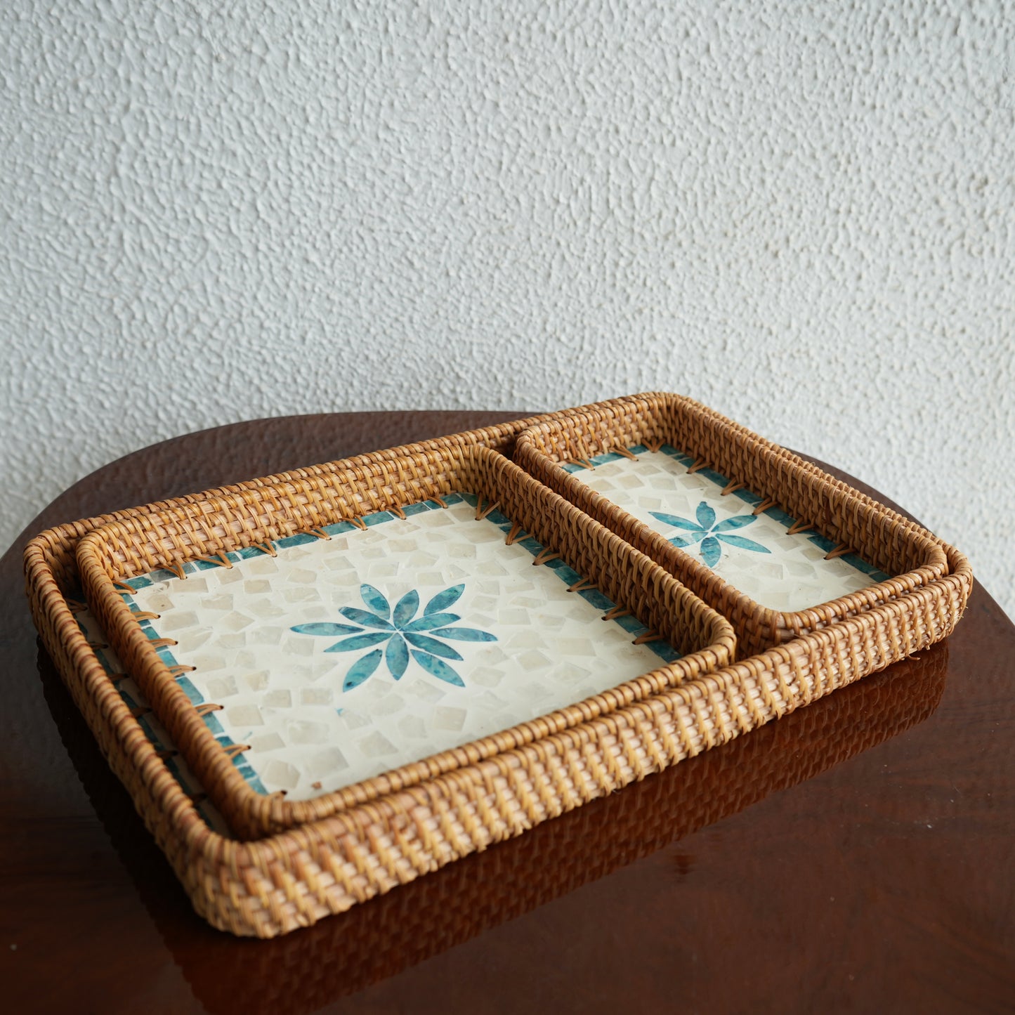 Set of 3 Mother-of-Pearl & Cane Serving Tray - Aqua