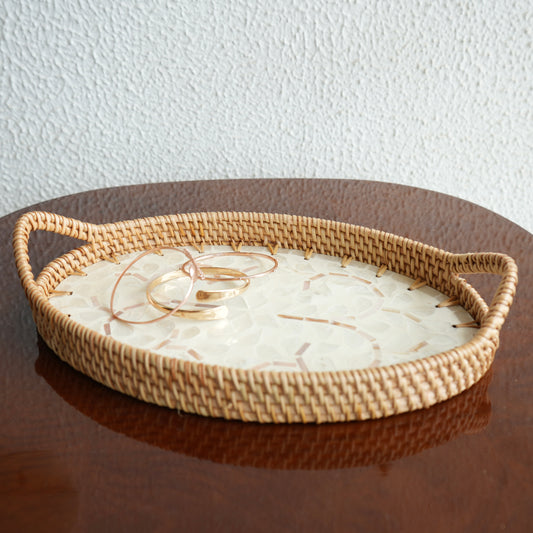 Medium Oval Mother-of-Pearl & Cane Serving Tray - Pearl White