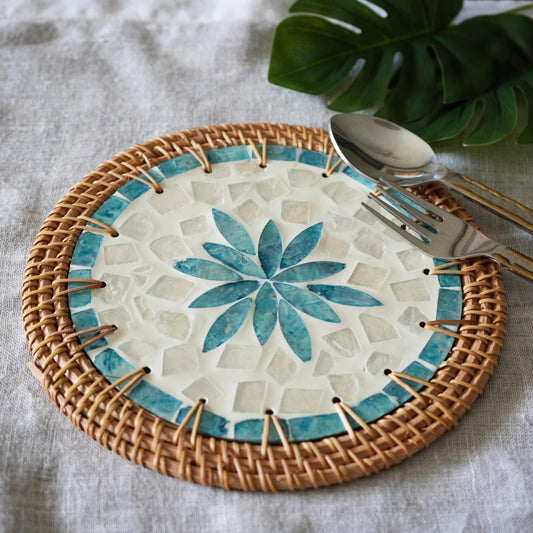 Mother-of-Pearl & Cane Trivet - Aqua