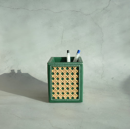 Emerald Green PU Leather & Rattan Stationery Holder