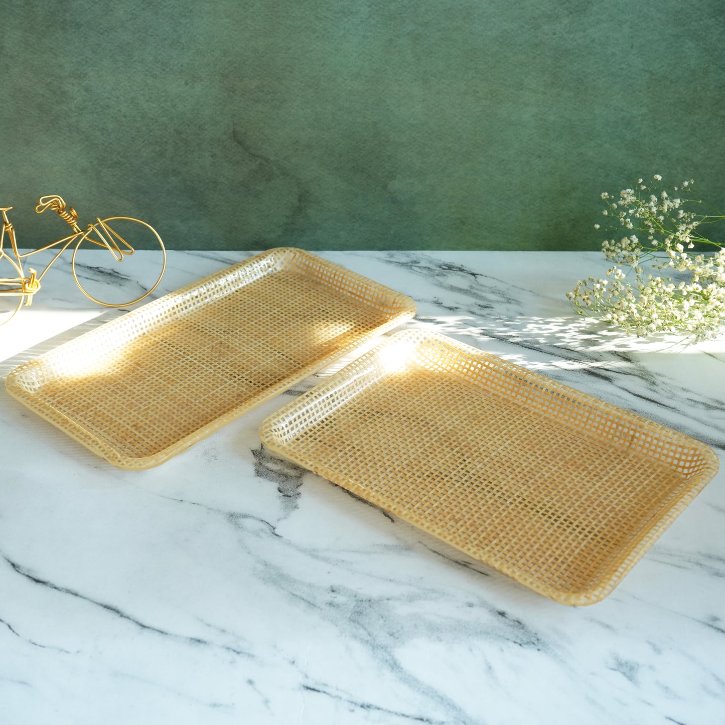 Box Weave Rattan Acrylic Serving Tray- Oblong set