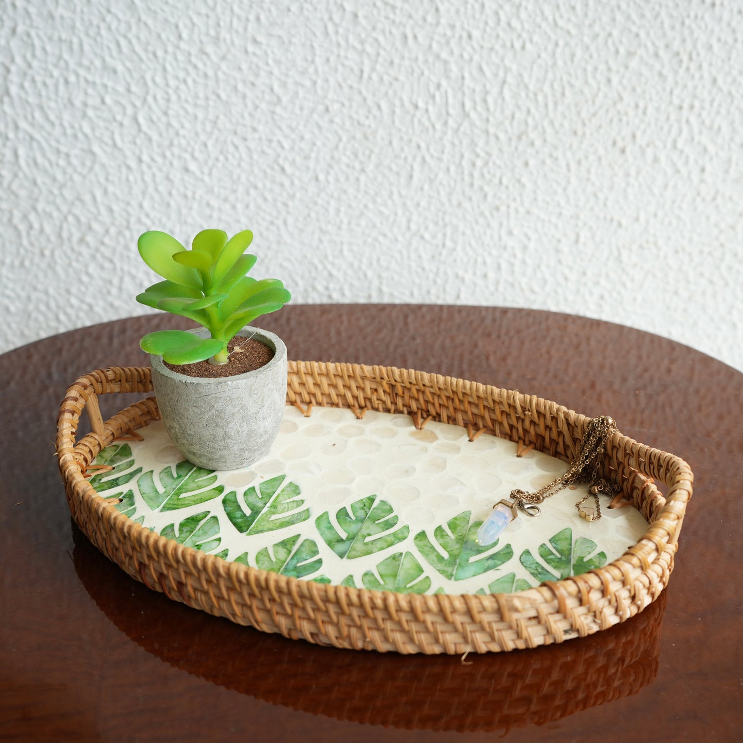 Small Oval Mother-of-Pearl & Cane Serving Tray - Botanic