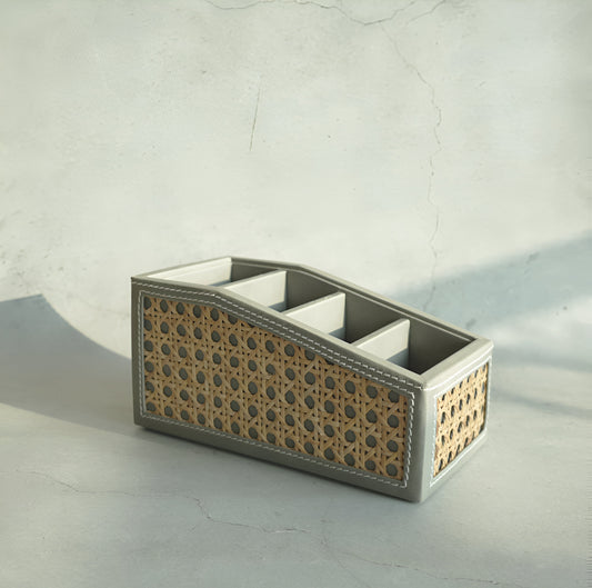 Stone Gray PU Leather & Rattan Remote Control Organiser