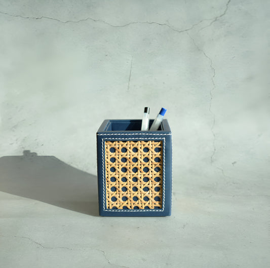 Steel Blue PU Leather & Rattan Stationery Holder