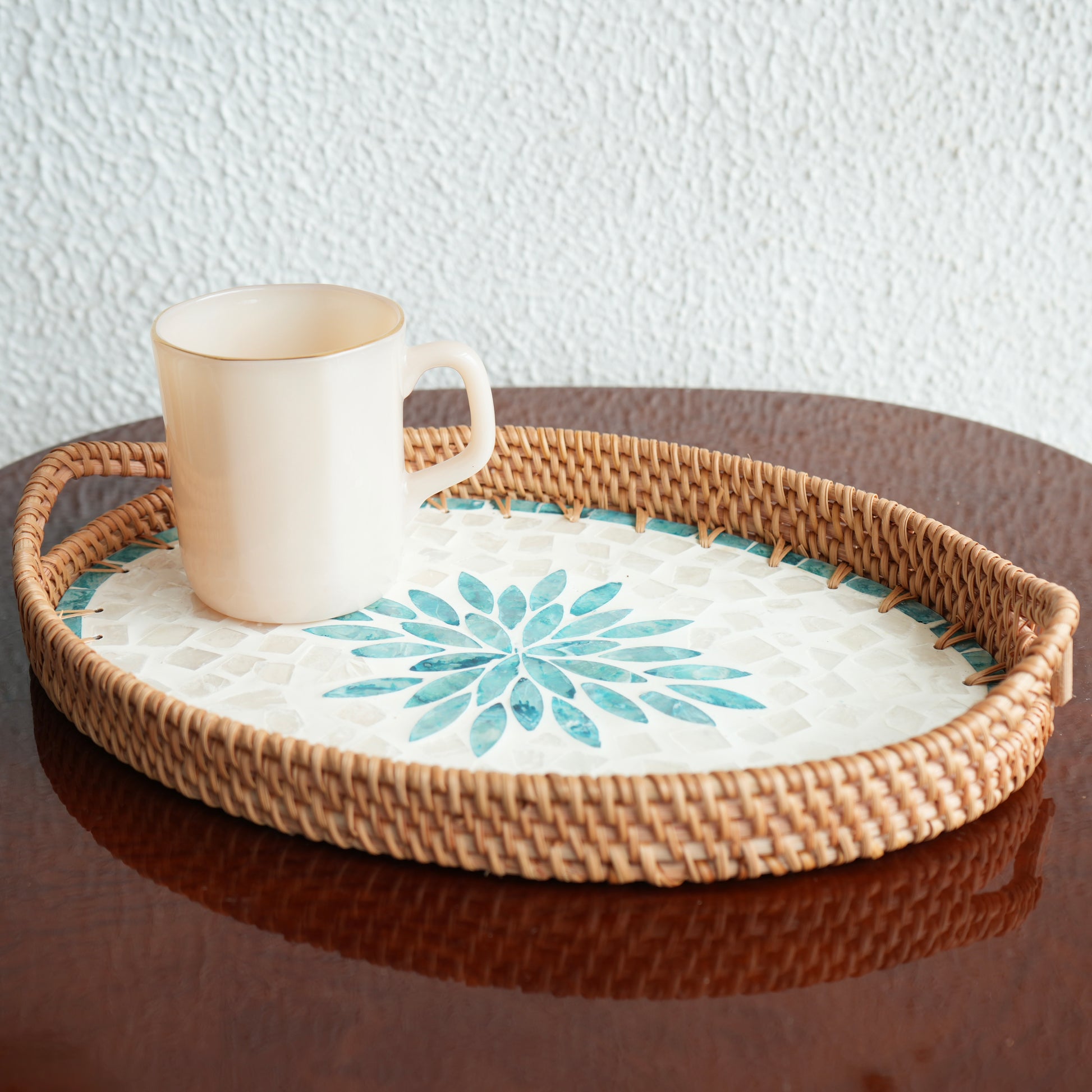 Large Oval Mother-of-Pearl Cane Serving Tray Aqua1