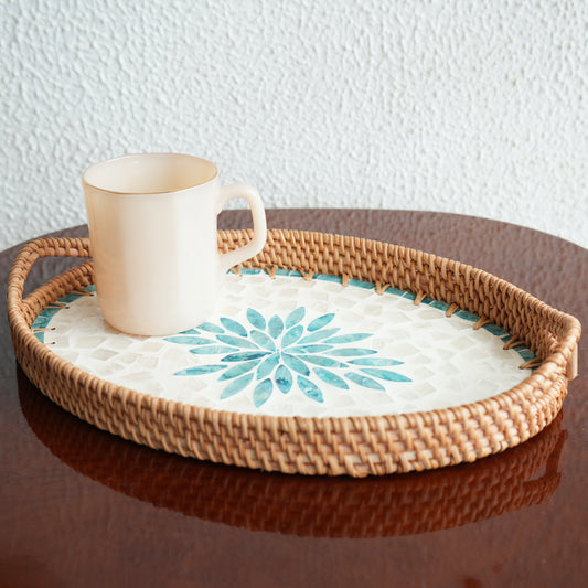 Large Oval Mother-of-Pearl & Cane Serving Tray - Aqua
