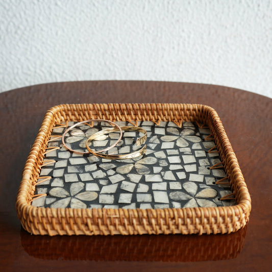 Small Square Mother-of-Pearl & Cane Serving Tray - Noir