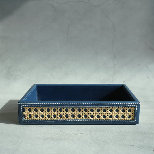 Steel Blue PU Leather & Rattan Serving Tray - Small