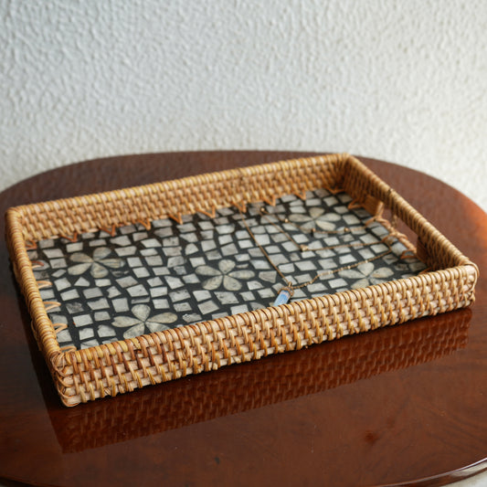 Regular Rectangular Mother-of-Pearl & Cane Serving Tray - Noir