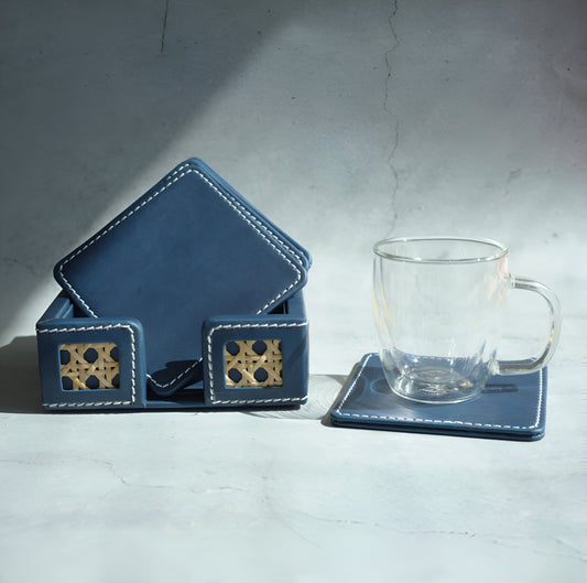 Steel Blue PU Leather & Rattan Coasters - Set of 6