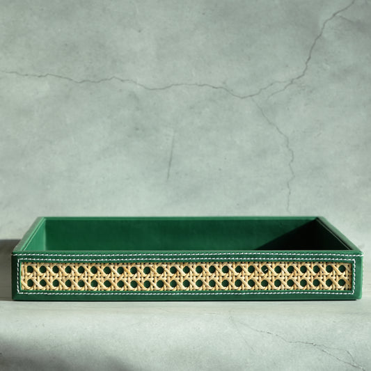 Emerald Green PU Leather & Rattan Serving Tray - Large