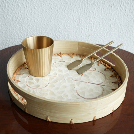 Regular Round Mother-of-Pearl & Cane Serving Tray -Pearl White