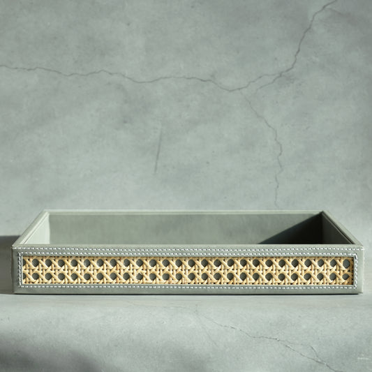Stone Gray PU Leather & Rattan Serving Tray - Large