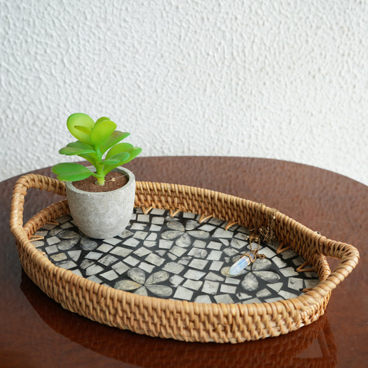 Small Oval Mother-of-Pearl & Cane Serving Tray - Noir