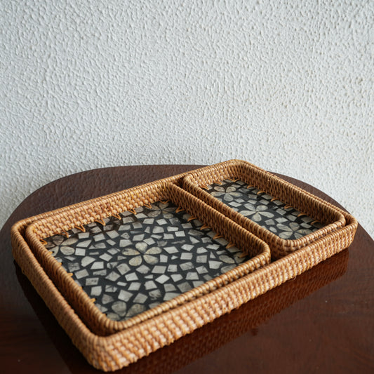 Set of 3 Mother-of-Pearl & Cane Serving Tray - Noir