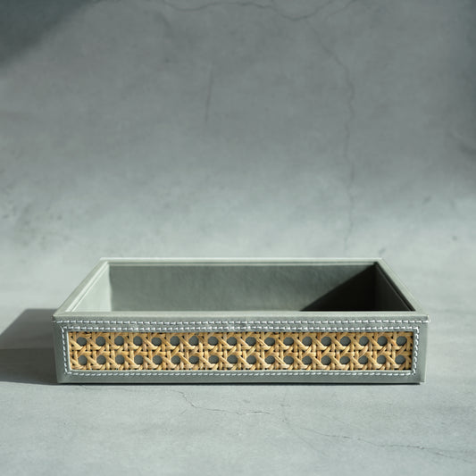 Stone Gray PU Leather & Rattan Serving Tray - Small