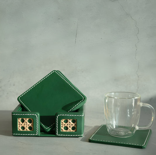 Emerald Green PU Leather & Rattan Coasters - Set of 6