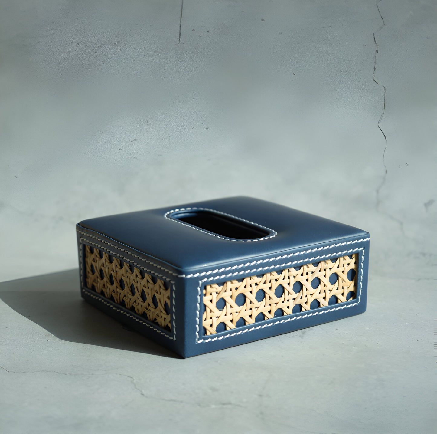 Steel Blue PU Leather & Rattan Tissue Box - Square