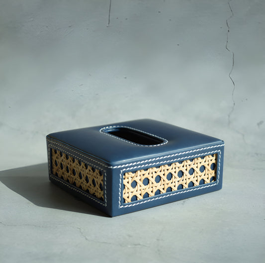 Steel Blue PU Leather & Rattan Tissue Box - Square