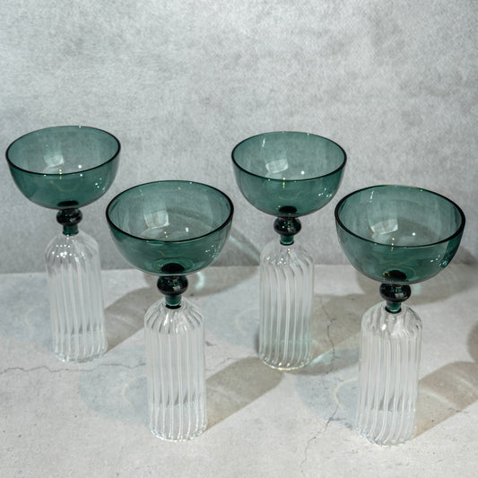 Emerald Green Ribbed Coupe Glass- Set of 4