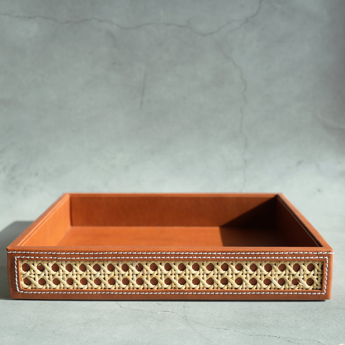 Tan Brown PU Leather & Rattan Serving Tray - Medium