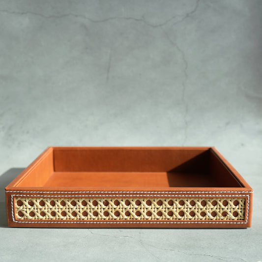 Tan Brown PU Leather & Rattan Serving Tray - Medium