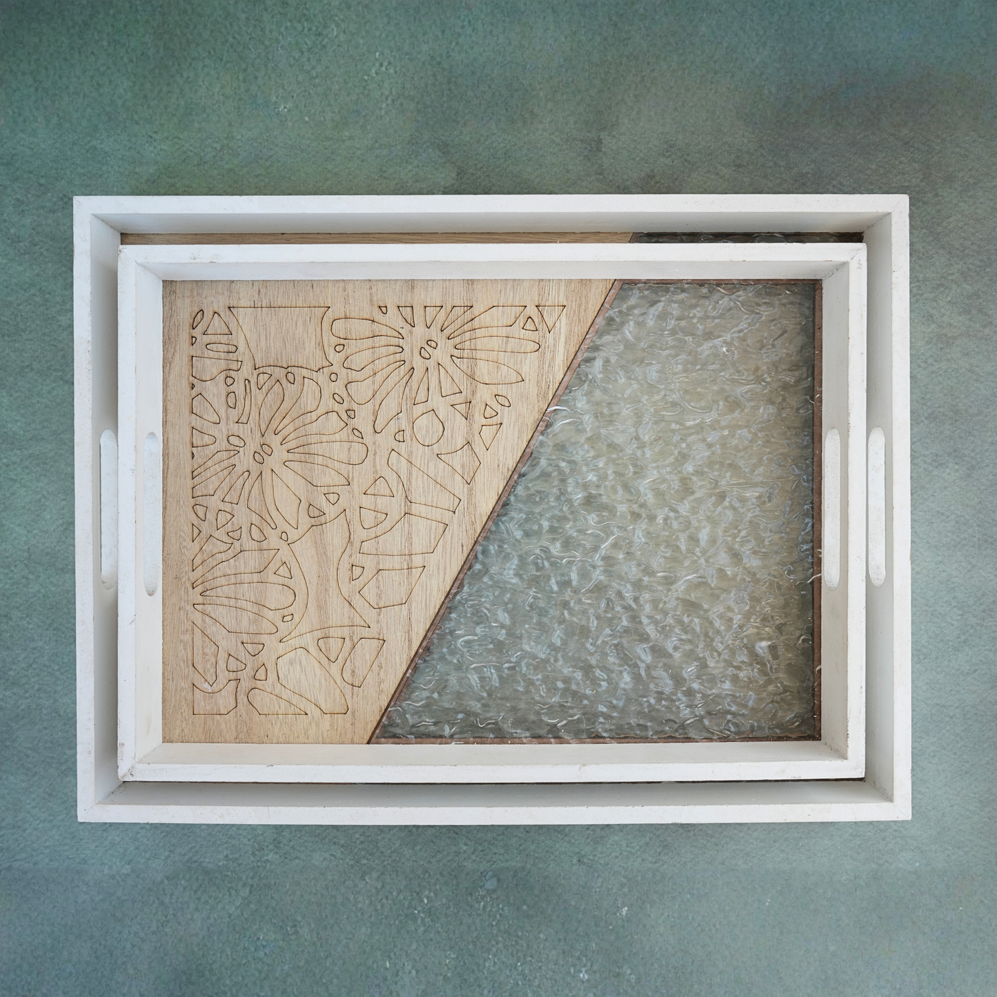 Textured Oak Wooden Serving Tray- Set of 2