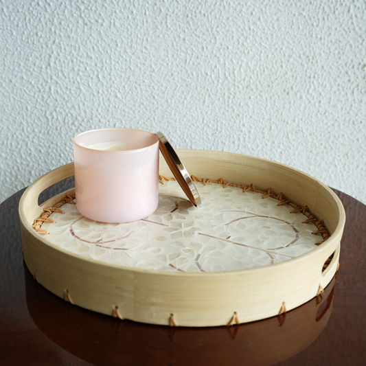 Large Round Mother-of-Pearl & Cane Serving Tray - Pearl White