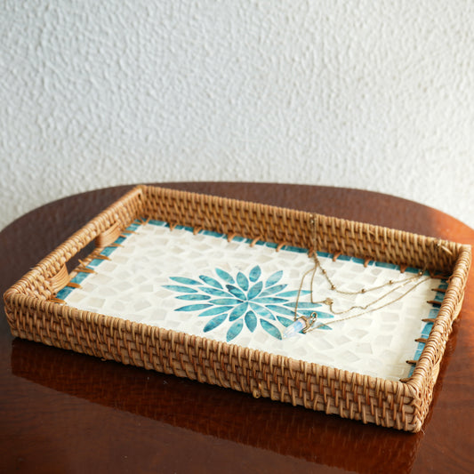 Regular Rectangular Mother-of-Pearl & Cane Serving Tray - Aqua